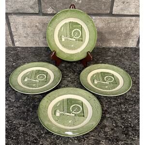 4 Vintage Royal Colonial Homestead 6 3/8” Green Bread Plates Spinning Wheel